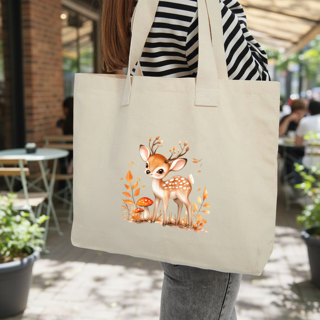 Whimsical Autumn Woodland Fawn Inner Pocket Tote with Webbing Handle