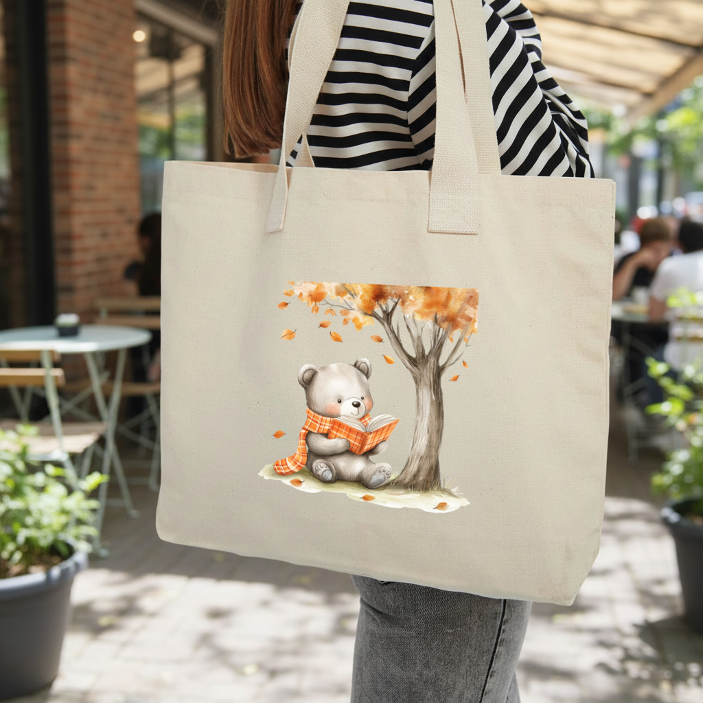 Reading Bear with Orange Scarf Inner Pocket Tote with Webbing Handle