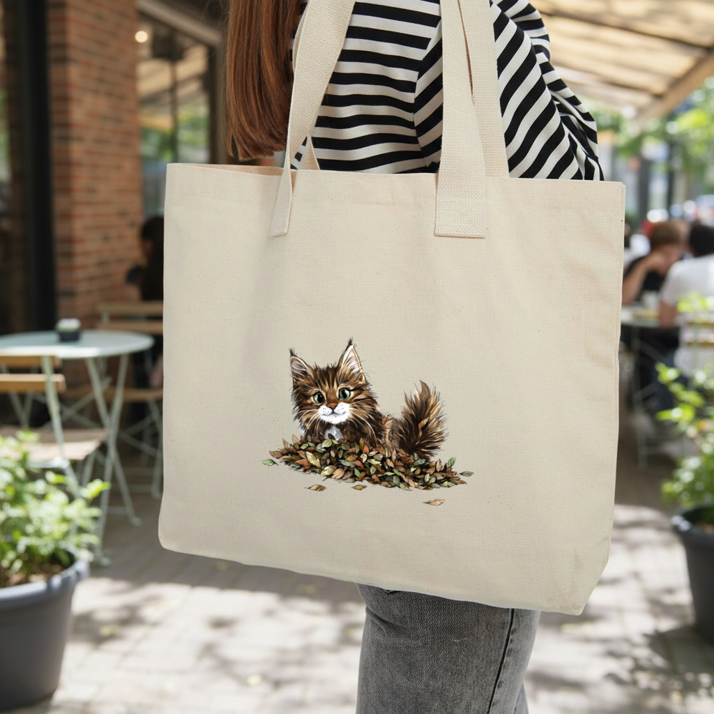 Cute Fluffy Kitten in Autumn Leaves Inner Pocket Tote with Webbing Handle
