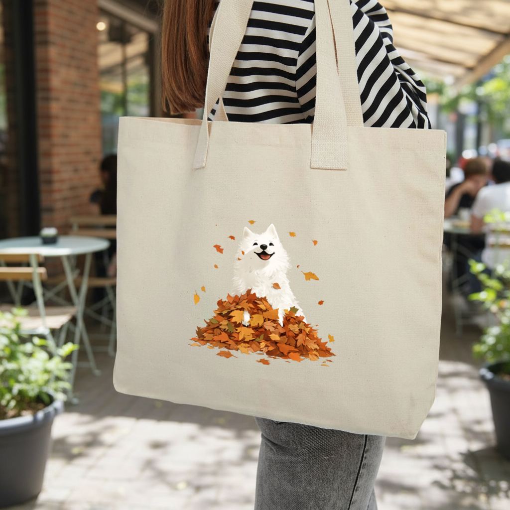 Happy White Dog in Autumn Leaves Inner Pocket Tote with Webbing Handle