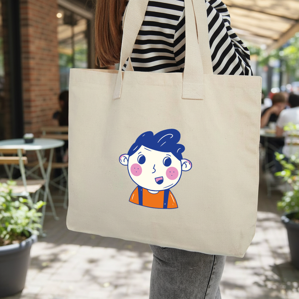 Cute Smiling Boy with Blue Hair Inner Pocket Tote with Webbing Handle