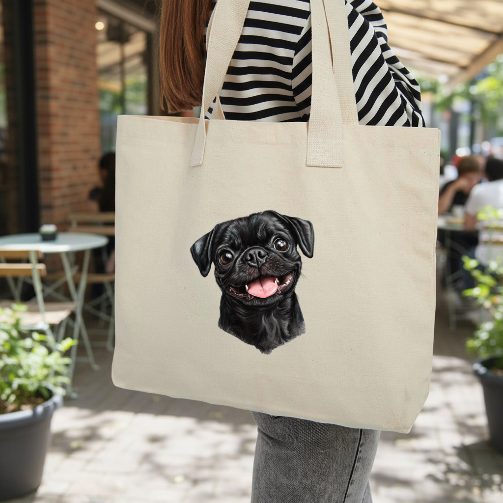 Happy Black Pug Face Inner Pocket Tote with Webbing Handle