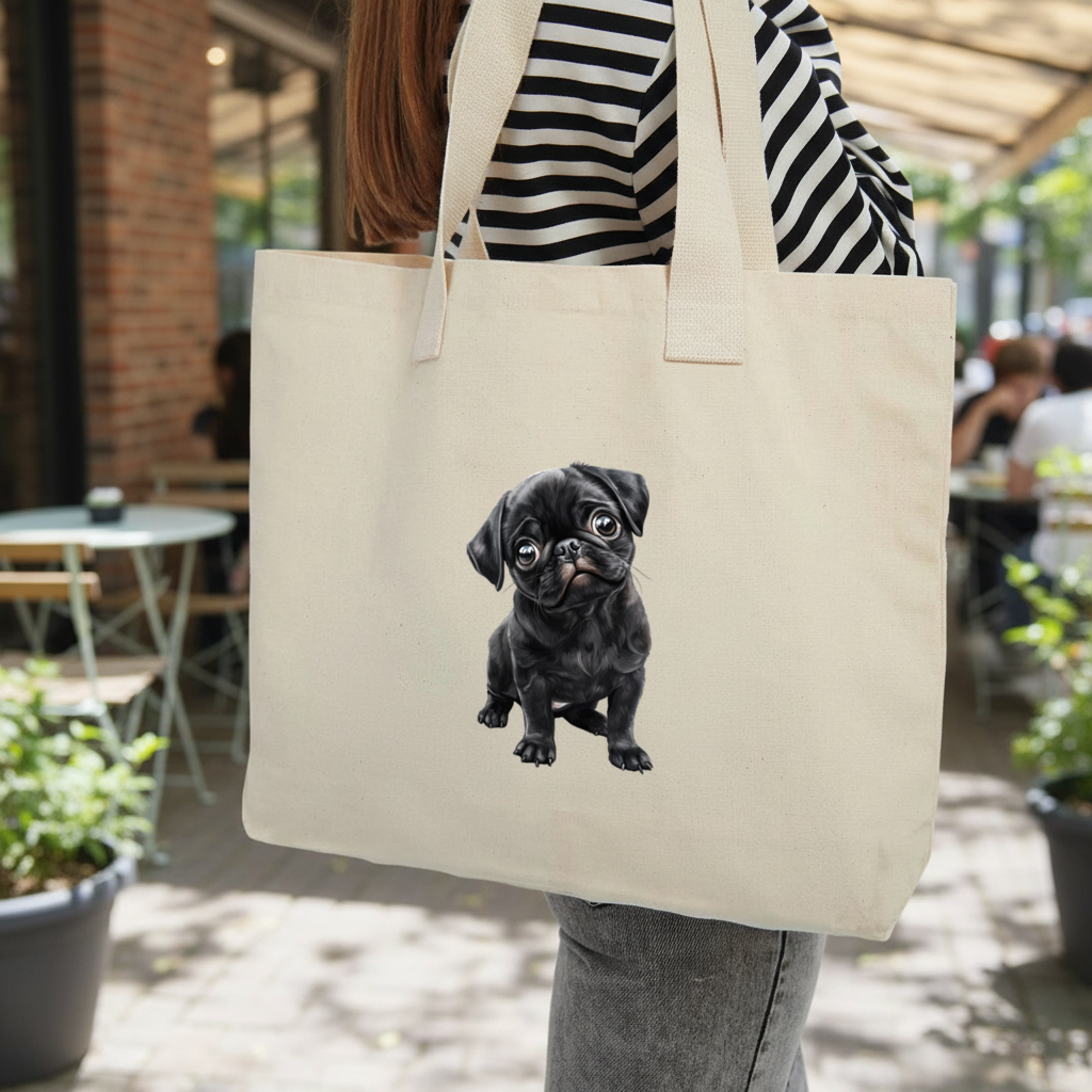 Innocent Black Pug Puppy Inner Pocket Tote with Webbing Handle