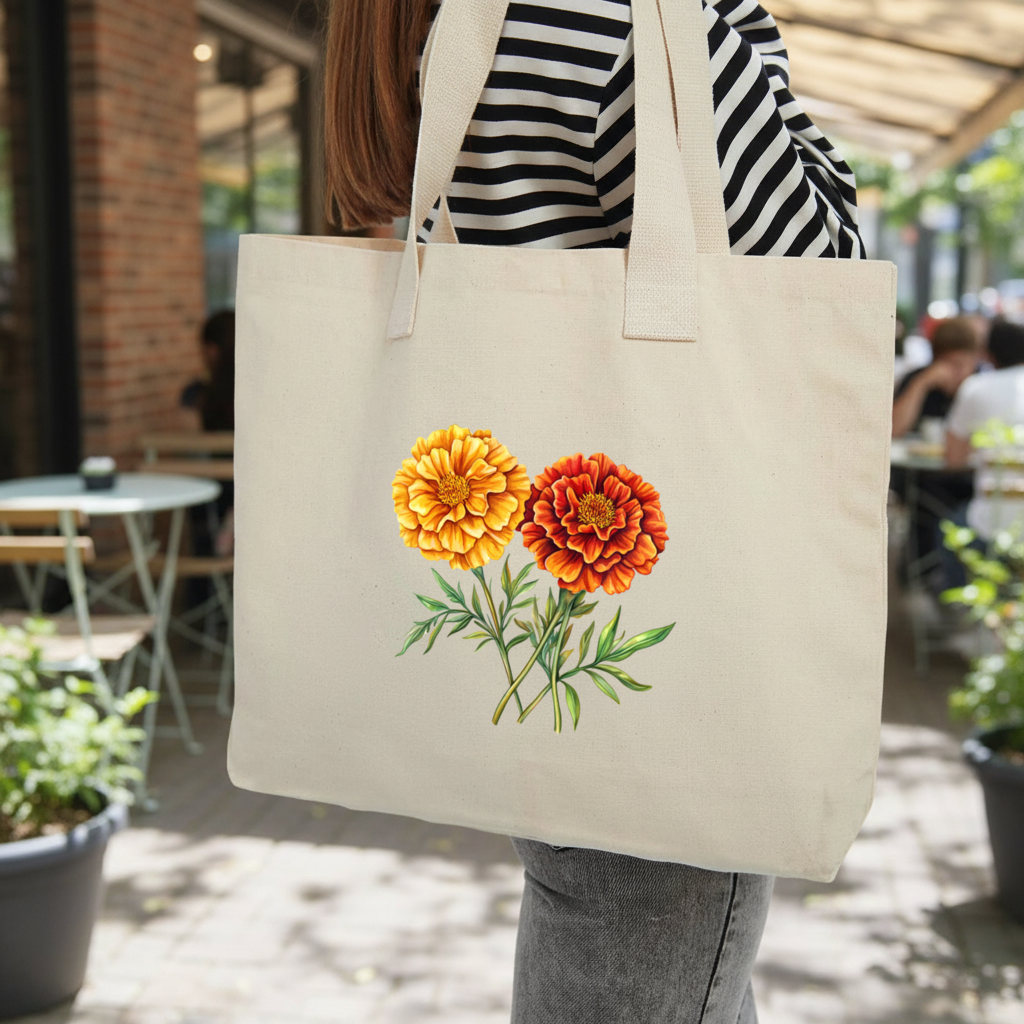 Botanical Yellow Orange Marigold Inner Pocket Tote with Webbing Handle