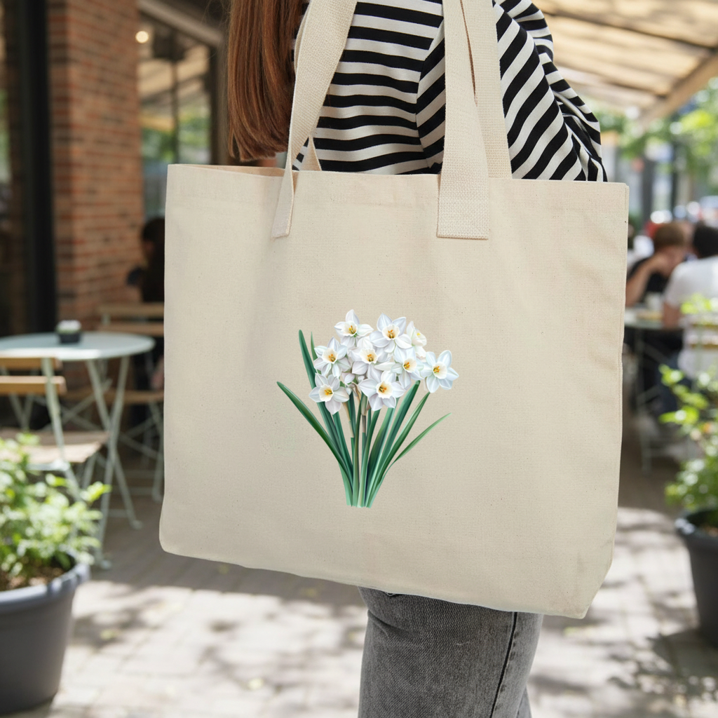 White Daffodil Bouquet Botanical Inner Pocket Tote with Webbing Handle