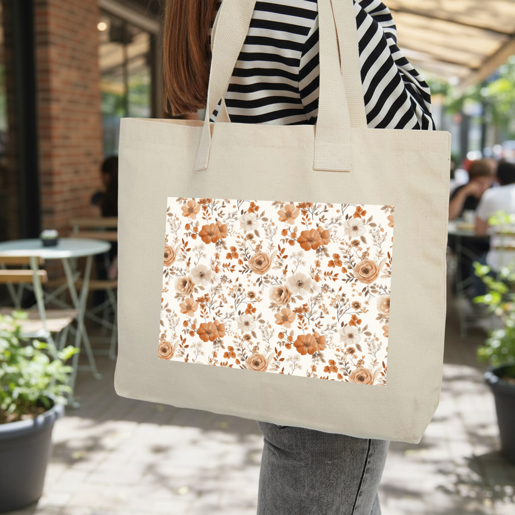 Terracotta Vintage Rose Inner Pocket Tote with Webbing Handle