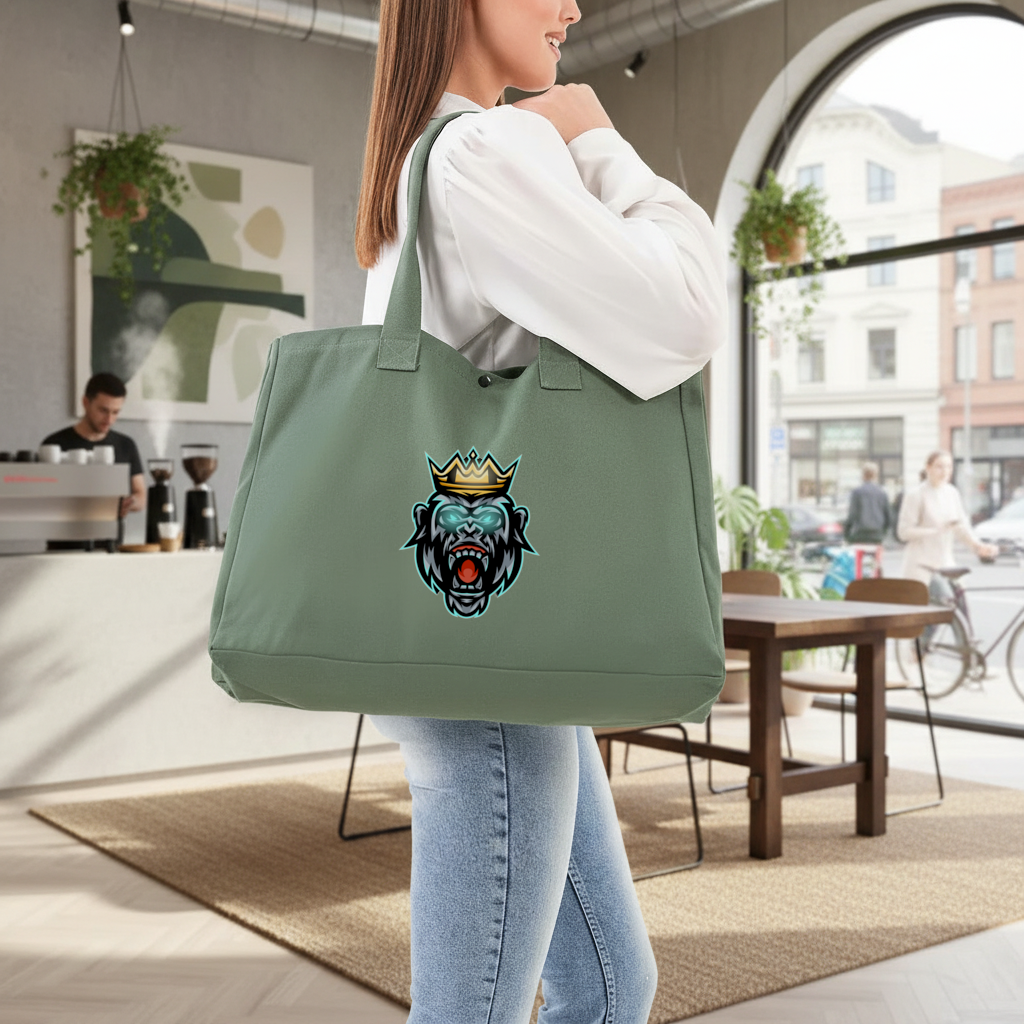 Angry Gorilla King with Crown Graphic - Neon Mascot Design Green Bag with 3 Velcro Fasteners