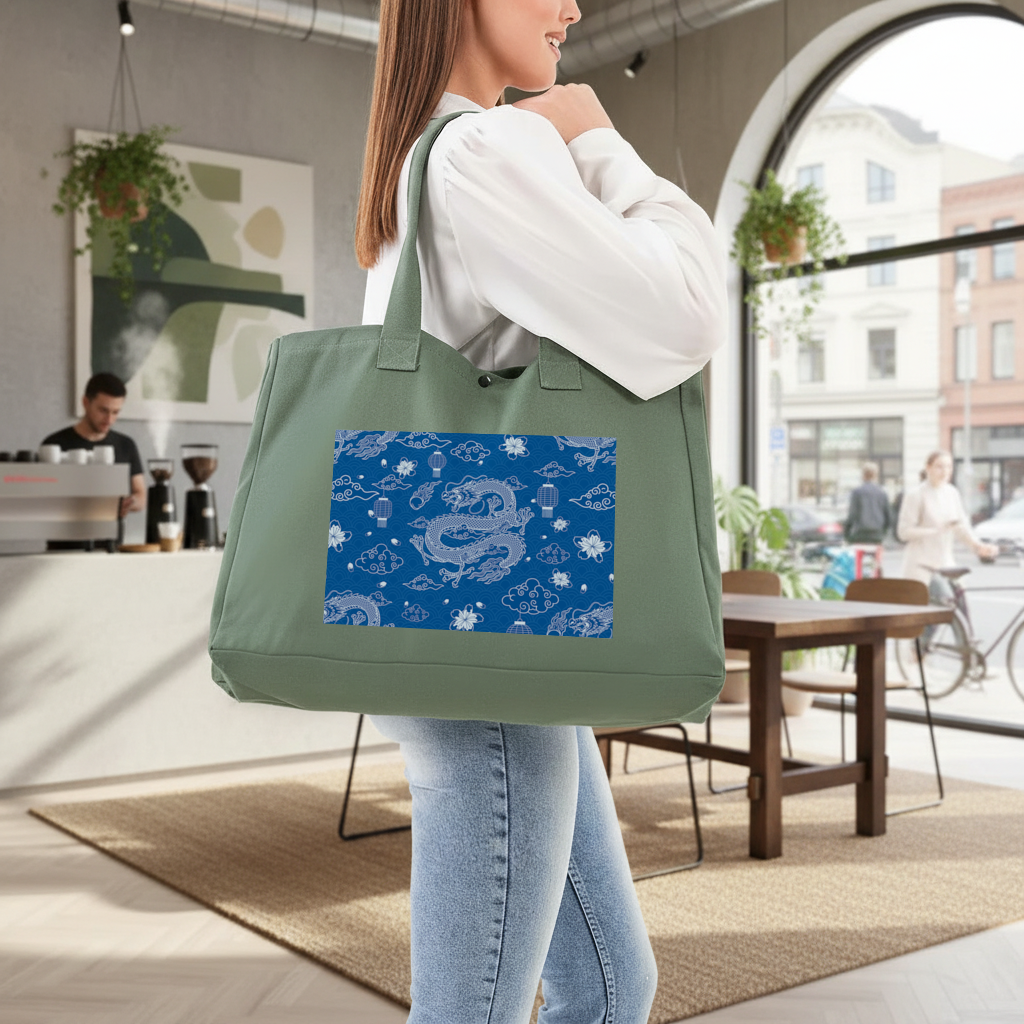 Traditional Dragon Pattern on Blue Background Green Bag with 3 Velcro Fasteners