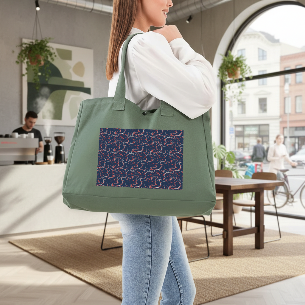 Red Floral Branch Pattern on Navy Background Green Bag with 3 Velcro Fasteners