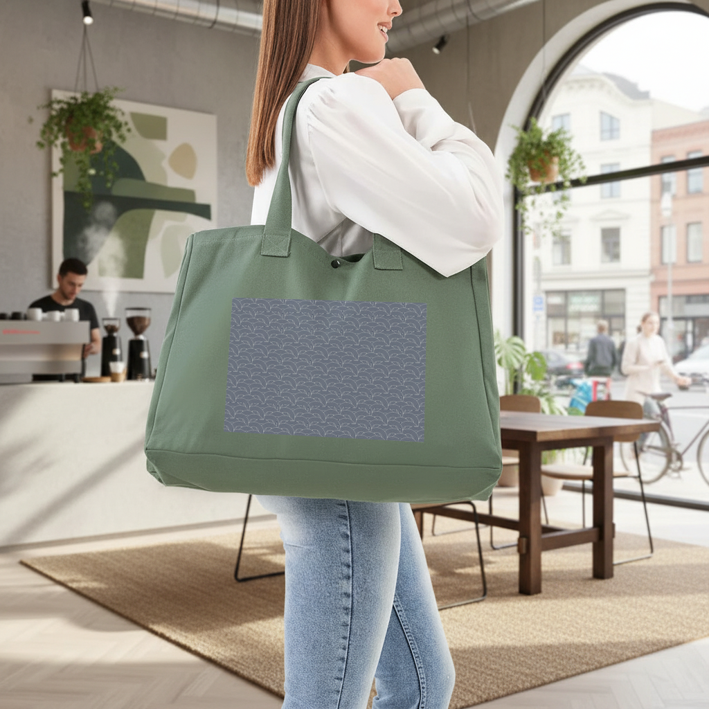 Navy and White Semi Circle Geometric Pattern Green Bag with 3 Velcro Fasteners