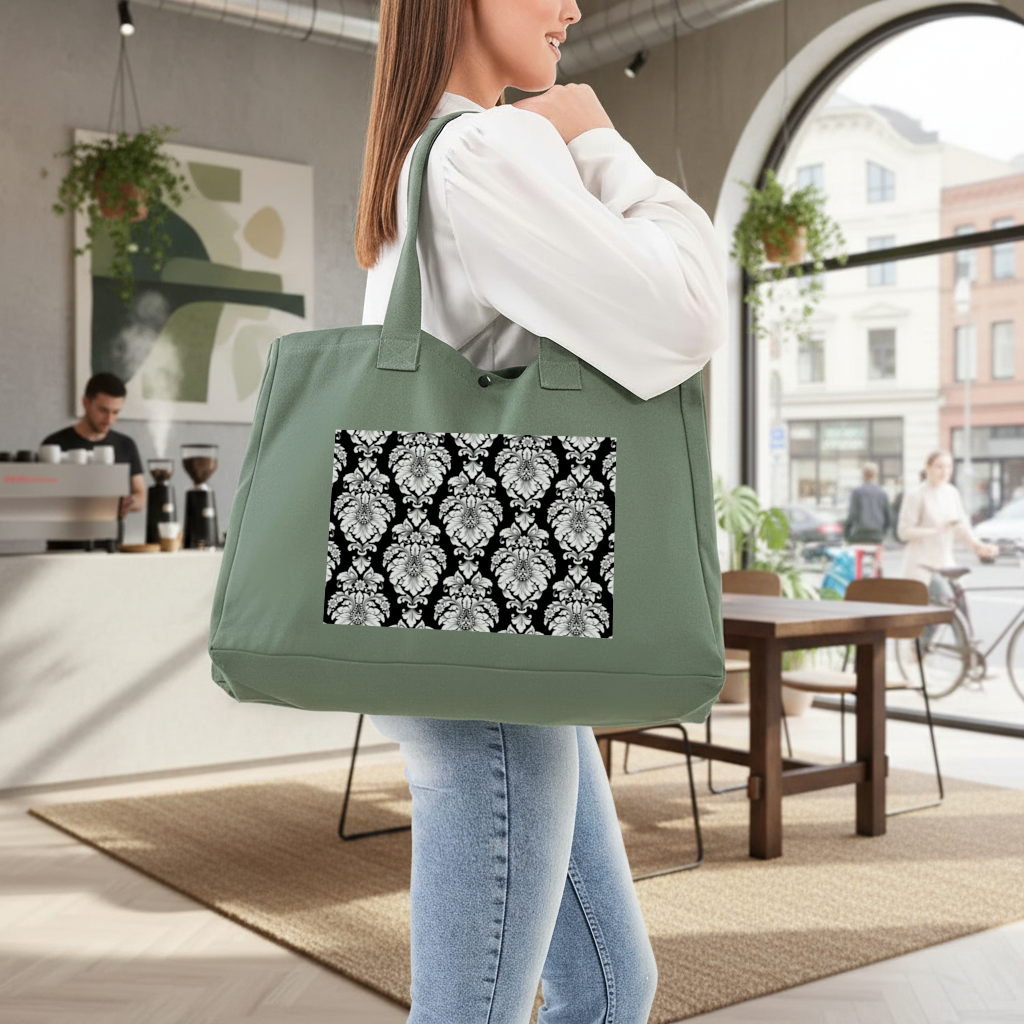 Black and White Baroque Floral Pattern Green Bag with 3 Velcro Fasteners