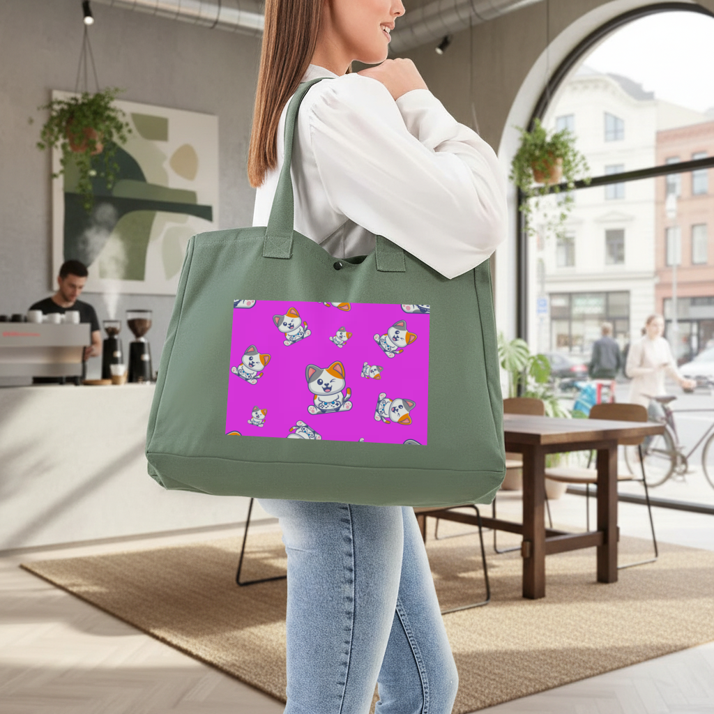 Cute Cartoon Cat Pattern on Pink Background Green Bag with 3 Velcro Fasteners