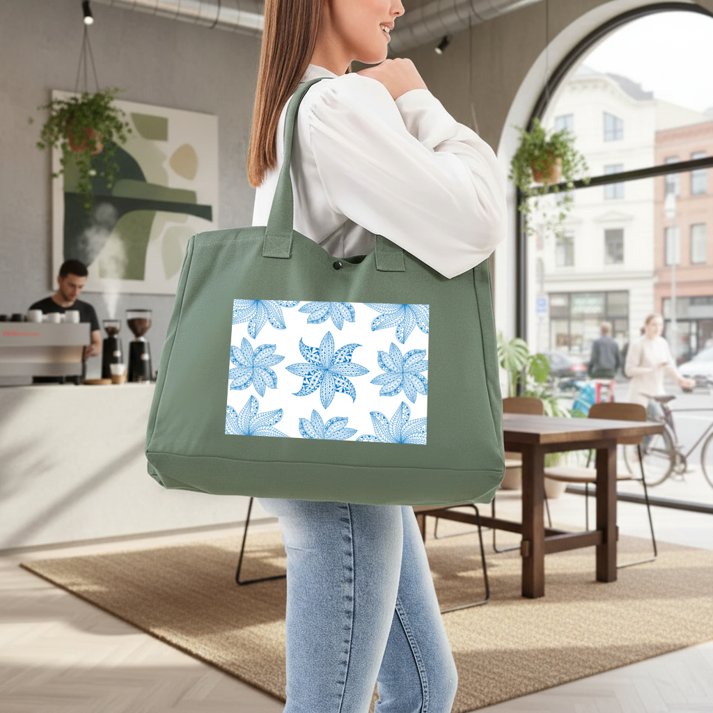 Blue Mandala Floral and Leaf Zentangle Pattern Green Bag with 3 Velcro Fasteners