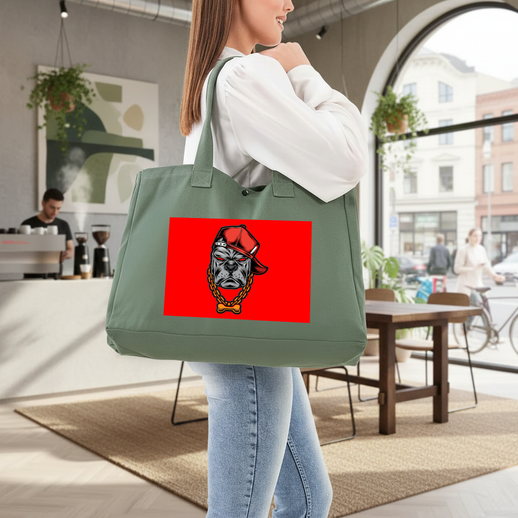 Hip Hop Style Gangster Dog Illustration Green Bag with 3 Velcro Fasteners