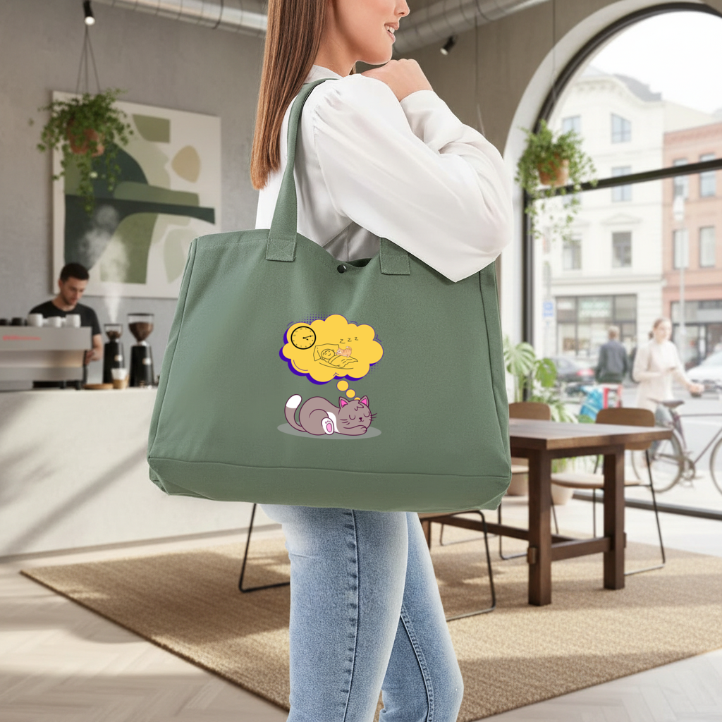 Cat Planning a 4 AM Zoomies Illustration Green Bag with 3 Velcro Fasteners