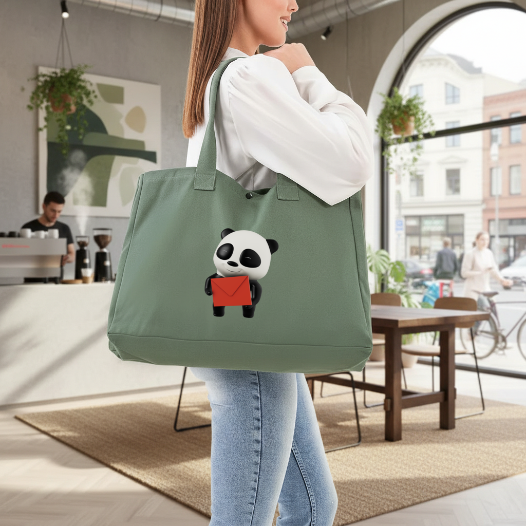 Happy Panda Character Holding Red Envelope Green Bag with 3 Velcro Fasteners