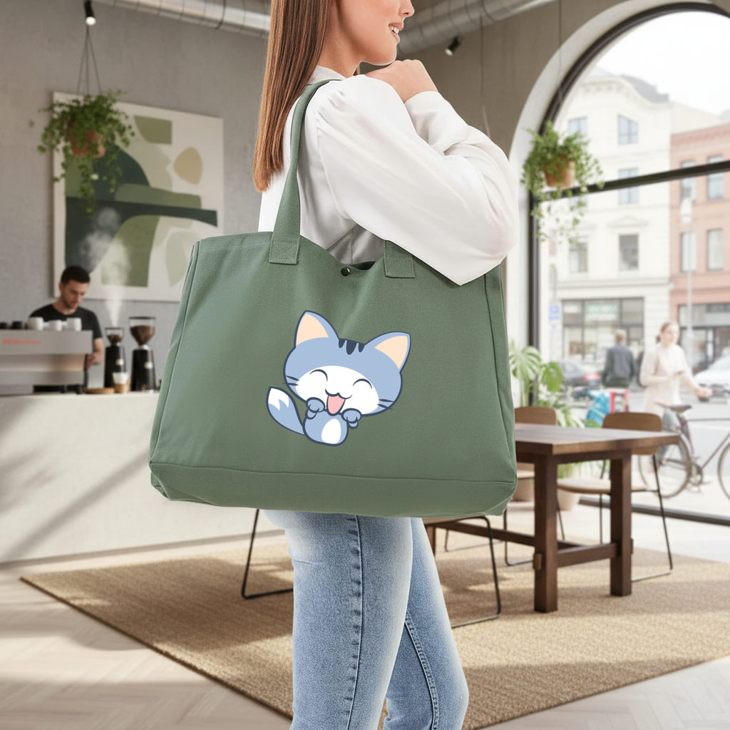 Kawaii Blue Cat Green Bag with 3 Velcro Fasteners
