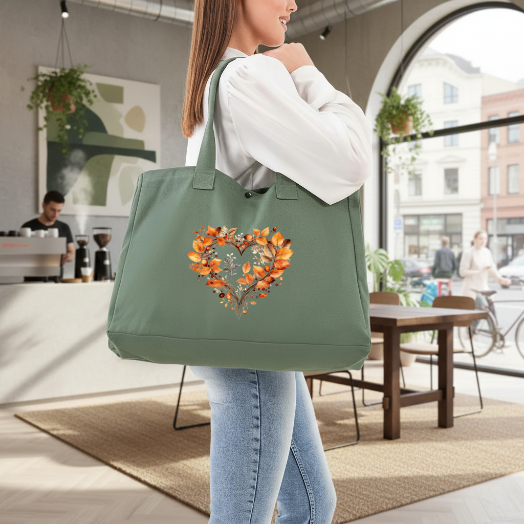 Orange Autumn Leaves Heart Green Bag with 3 Velcro Fasteners
