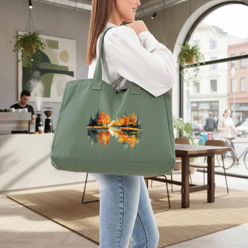 Autumn Forest Lake Reflection Green Bag with 3 Velcro Fasteners