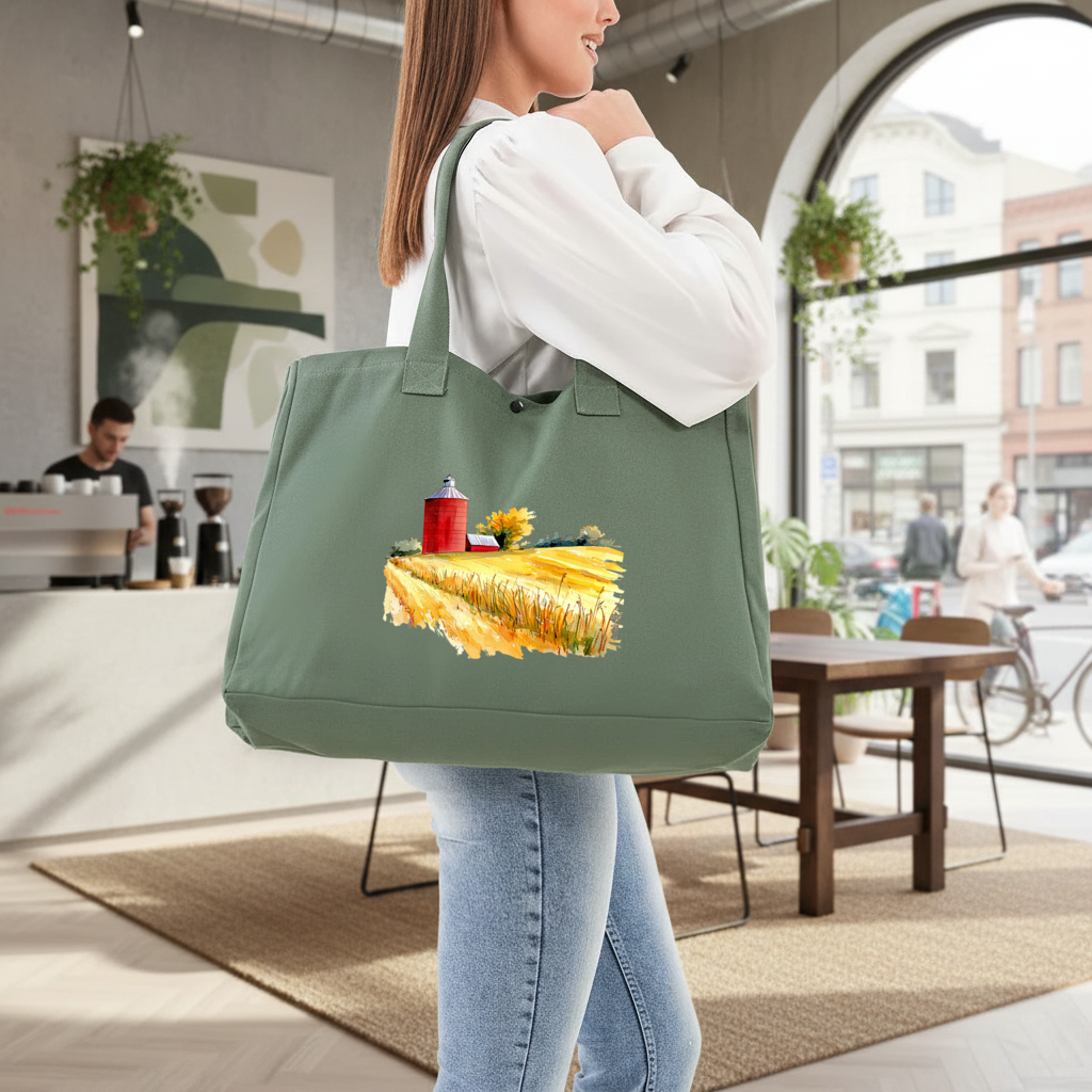 Red Farm Silo and Golden Wheat Field Green Bag with 3 Velcro Fasteners