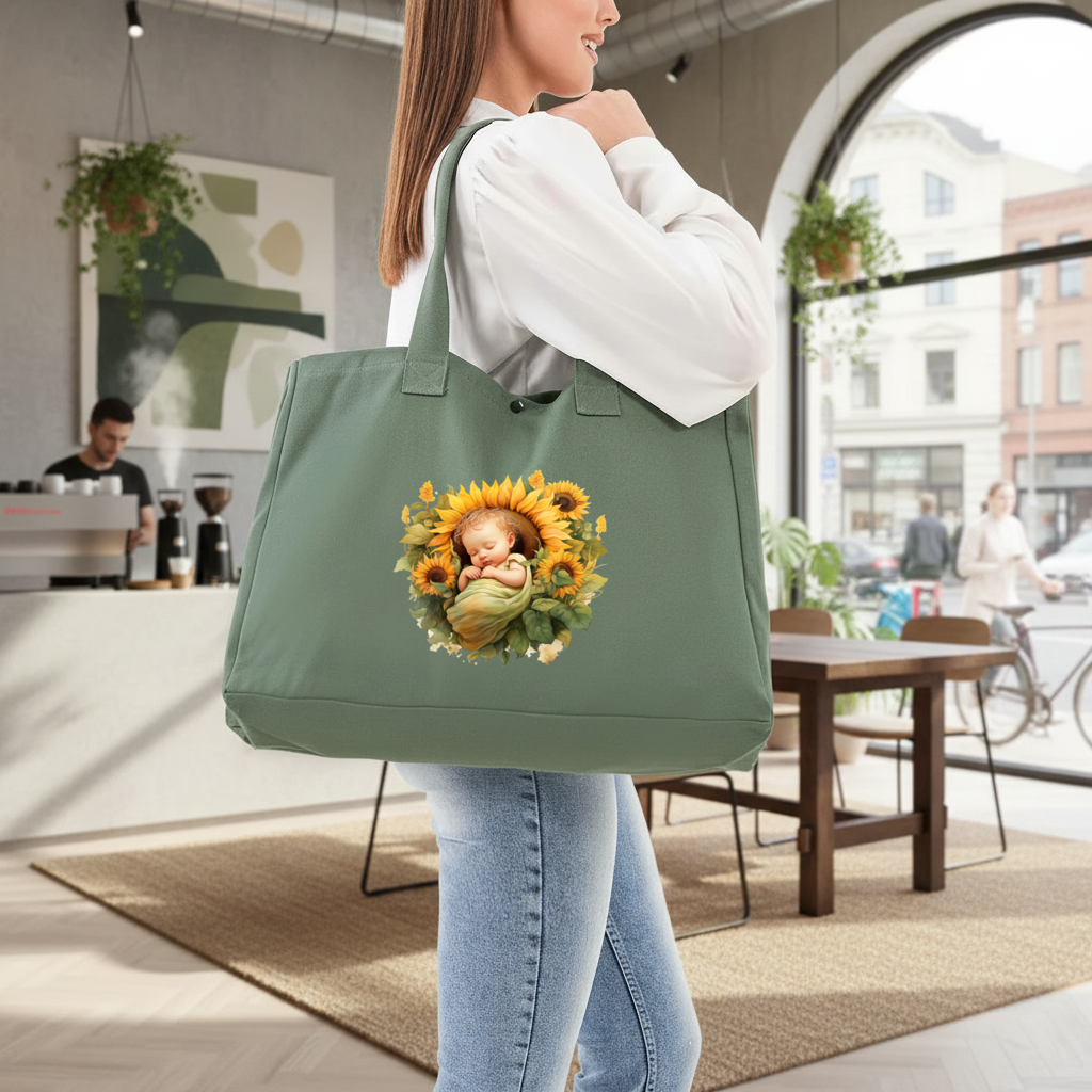 Sleeping Baby in Sunflower Green Bag with 3 Velcro Fasteners