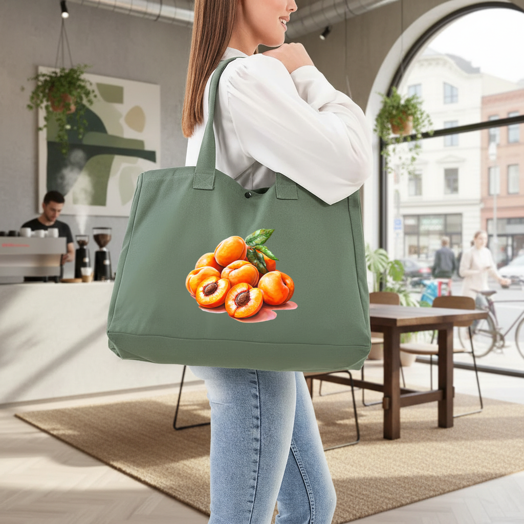 Watercolor Apricot and Leaves Green Bag with 3 Velcro Fasteners