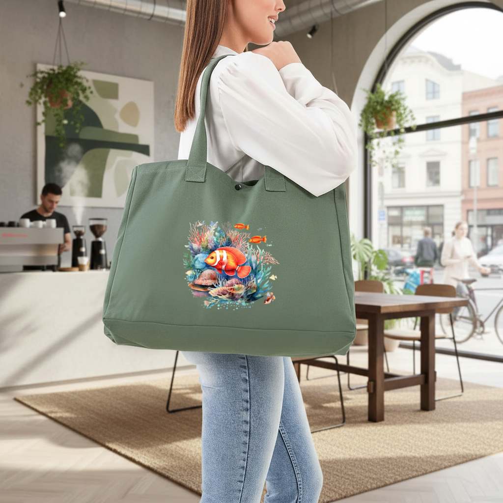 Watercolor Clownfish and Tropical Coral Reef Green Bag with 3 Velcro Fasteners