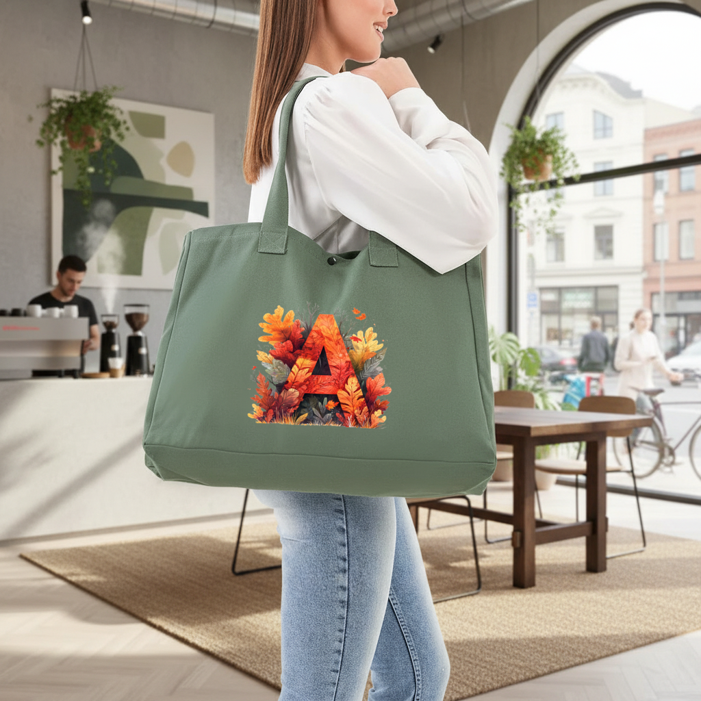 Autumn Leaf Letter A Monogram Green Bag with 3 Velcro Fasteners