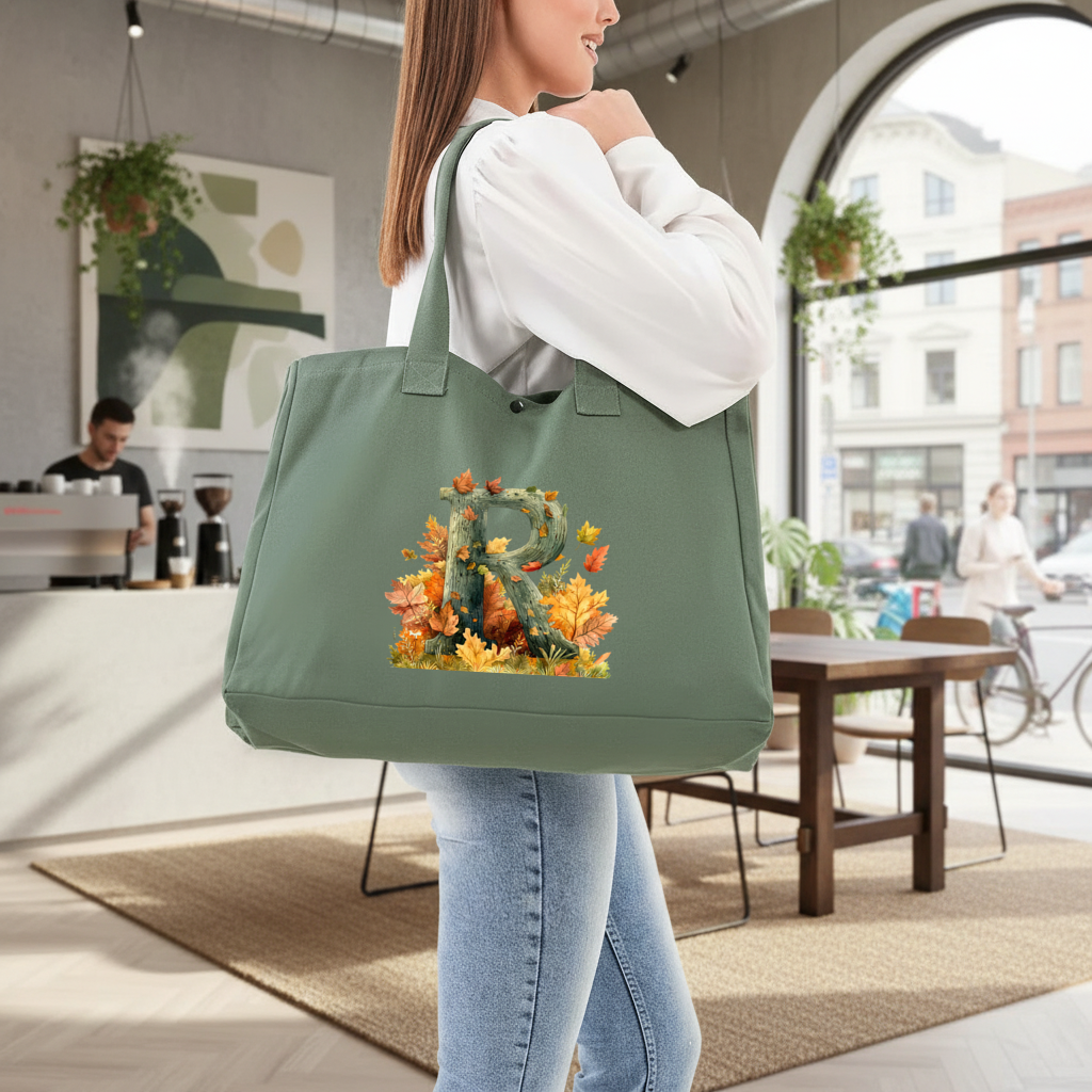 Autumn Letter R with Fall Leaves Green Bag with 3 Velcro Fasteners