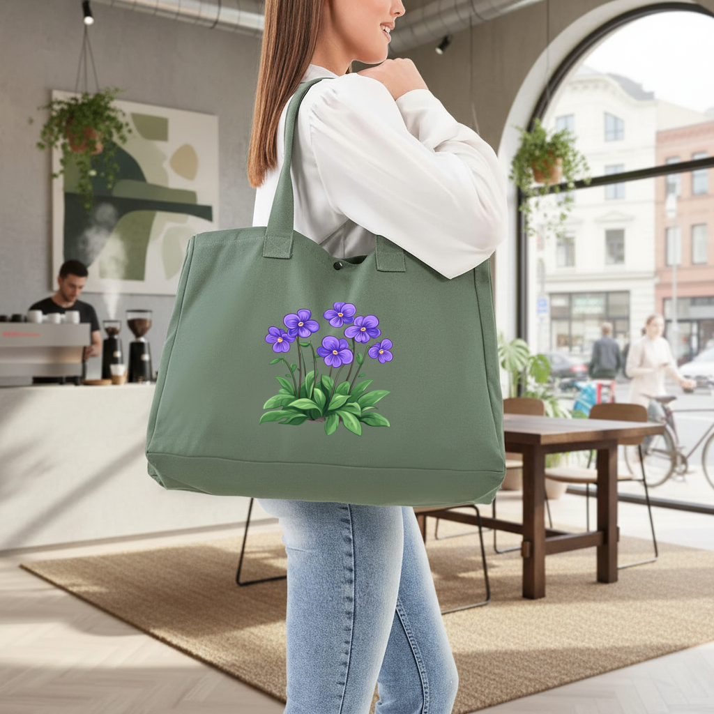 Cottagecore Purple Violets Green Bag with 3 Velcro Fasteners