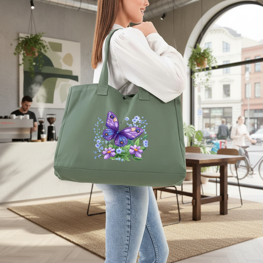 Cottagecore Purple Butterfly Floral Green Bag with 3 Velcro Fasteners
