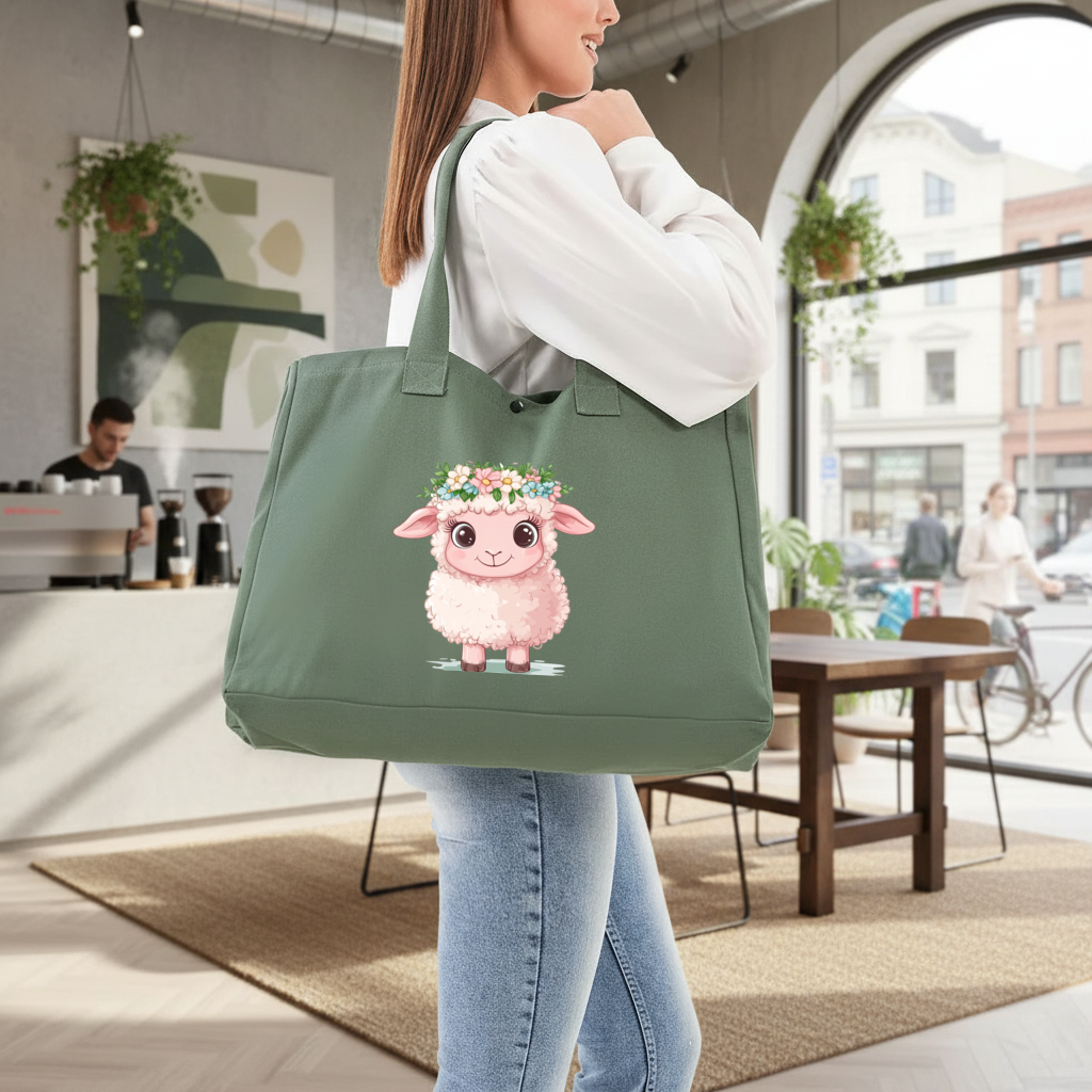 Kawaii Flower Crown Pink Lamb Green Bag with 3 Velcro Fasteners