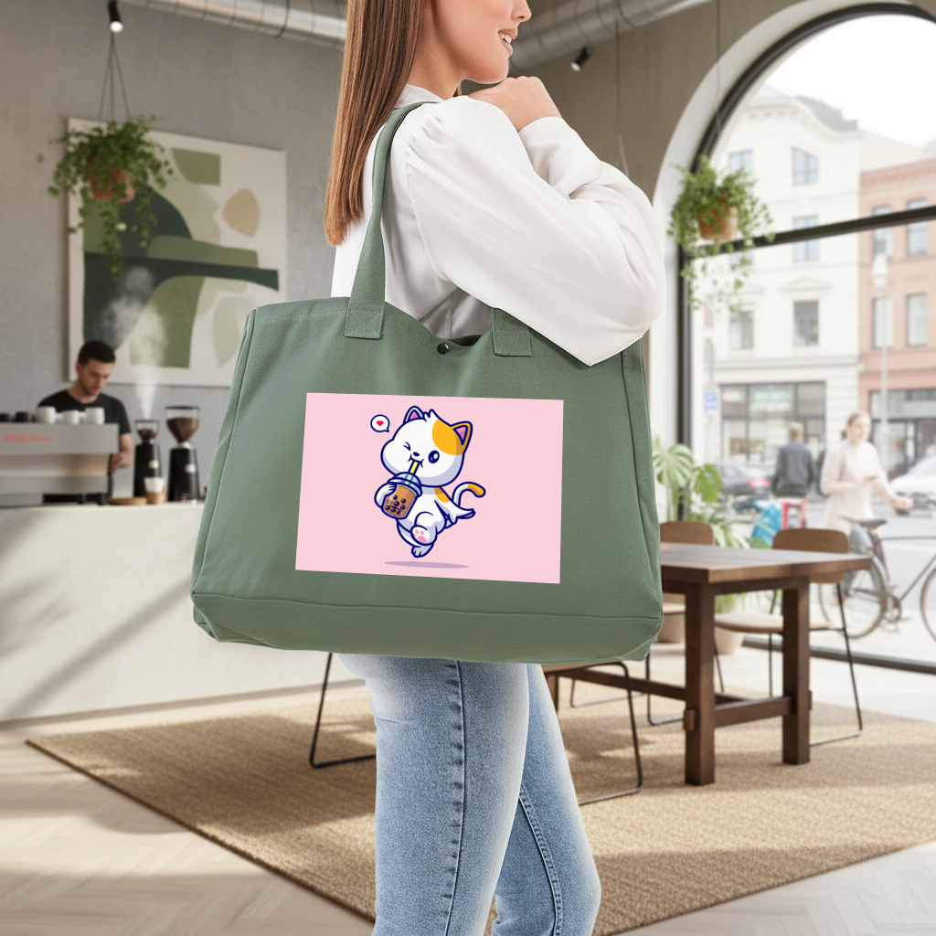 Kawaii Cat Drinking Boba Tea Green Bag with 3 Velcro Fasteners