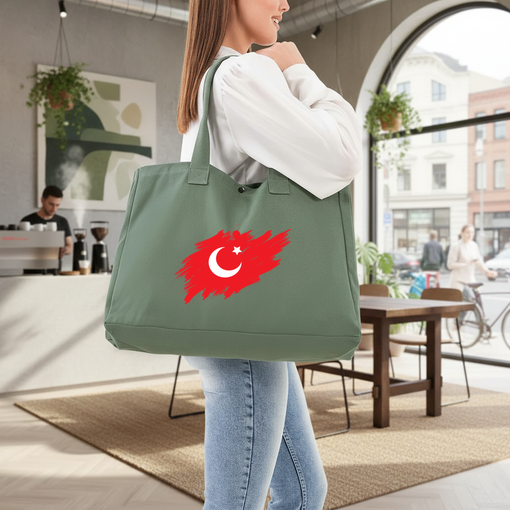 Brushstroke Turkish Flag Crescent Moon Green Bag with 3 Velcro Fasteners