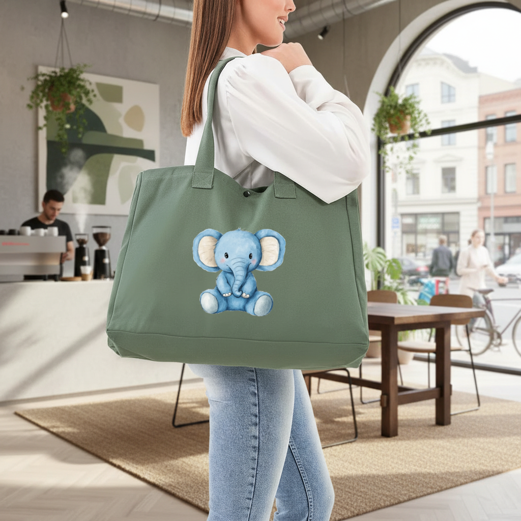 Cute Blue Watercolor Baby Elephant Green Bag with 3 Velcro Fasteners