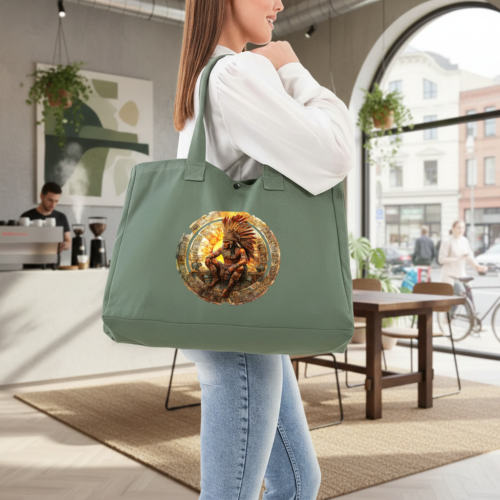 Ancient Aztec Sun Warrior Green Bag with 3 Velcro Fasteners