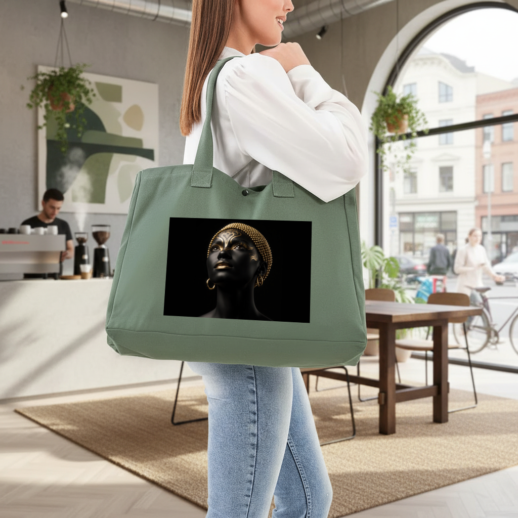 Gold Afrofuturistic Black Woman Green Bag with 3 Velcro Fasteners