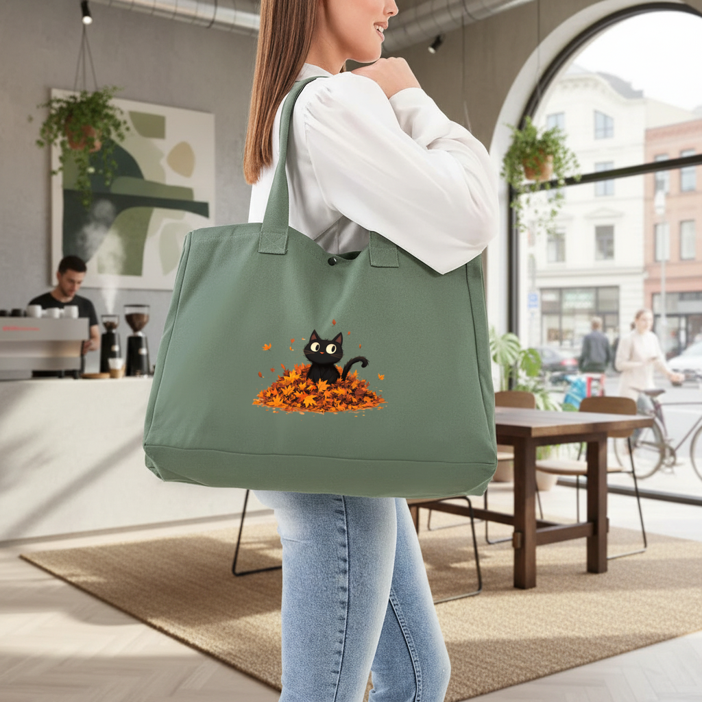 Cute Black Cat in Autumn Leaves Green Bag with 3 Velcro Fasteners