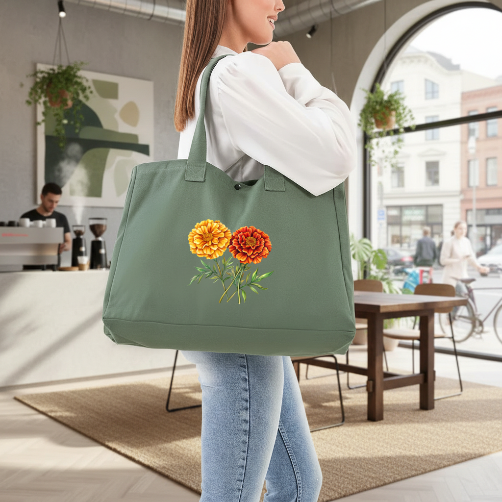 Botanical Yellow Orange Marigold Green Bag with 3 Velcro Fasteners