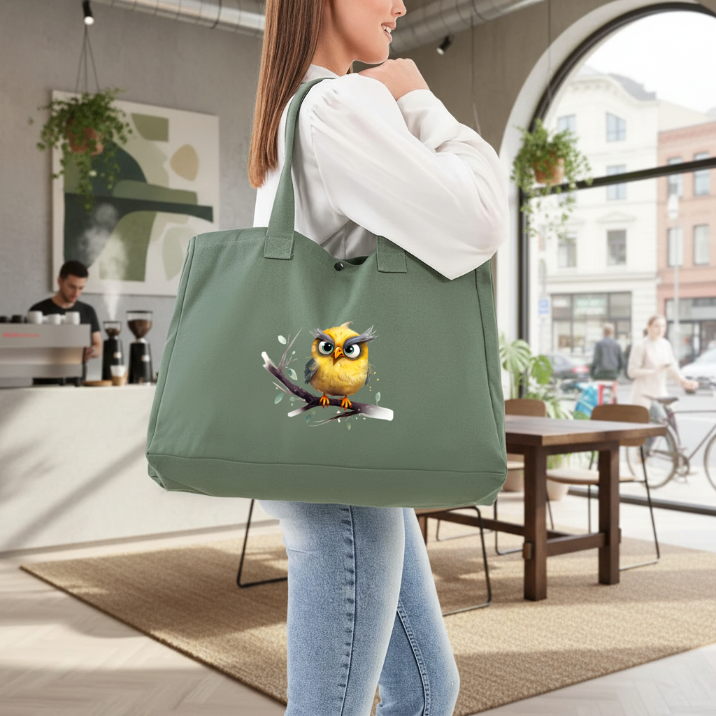 Grumpy Yellow Owl Green Bag with 3 Velcro Fasteners