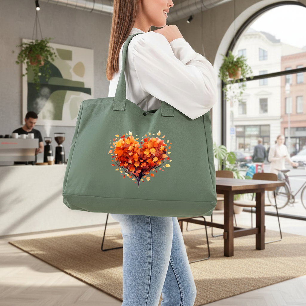 Autumn Leaf Heart Green Bag with 3 Velcro Fasteners