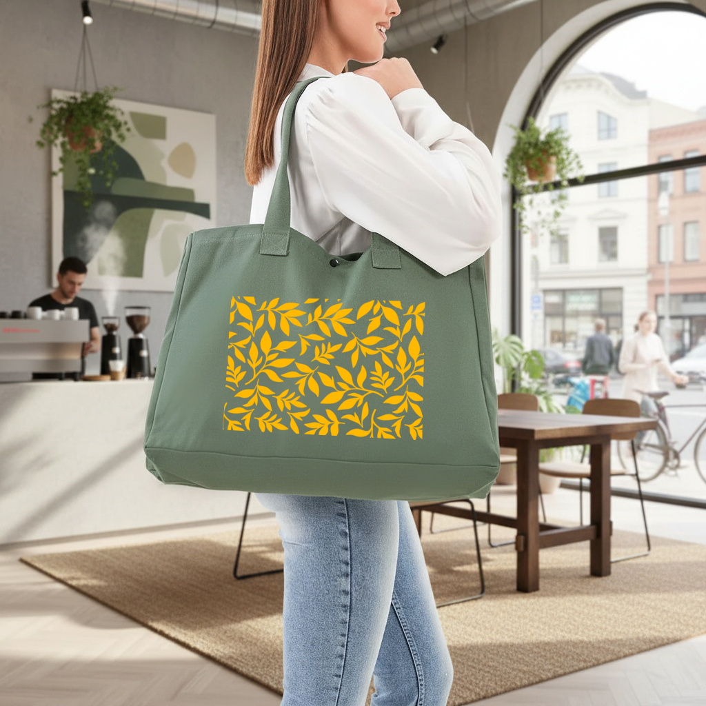 Mustard Yellow Botanical Leaves Green Bag with 3 Velcro Fasteners