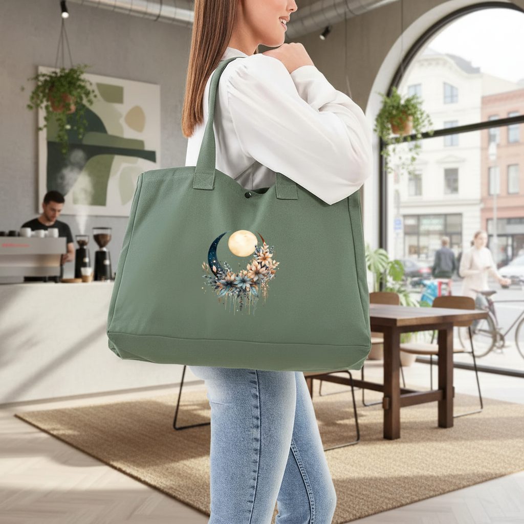 Celestial Boho Moon Floral Green Bag with 3 Velcro Fasteners