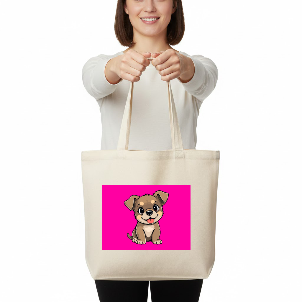 Pembe Arka Planlı Sevimli Köpek Çizimi Yatay Canvas Çanta
