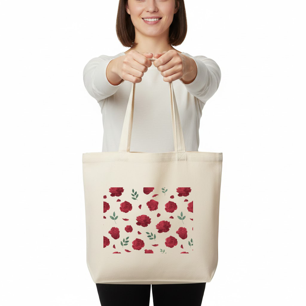 Red Rose and Leaf Romantic Seamless Pattern Horizontal Canvas Tote Bag