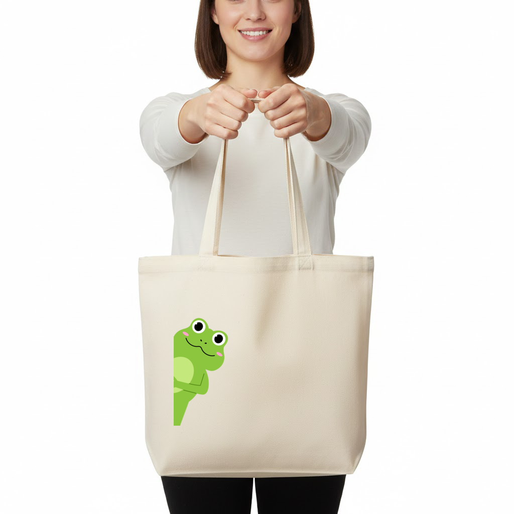 Cute Green Frog Peek-a-Boo Illustration Horizontal Canvas Tote Bag