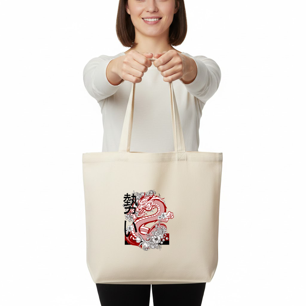 Japanese Dragon with Floral Design Horizontal Canvas Tote Bag
