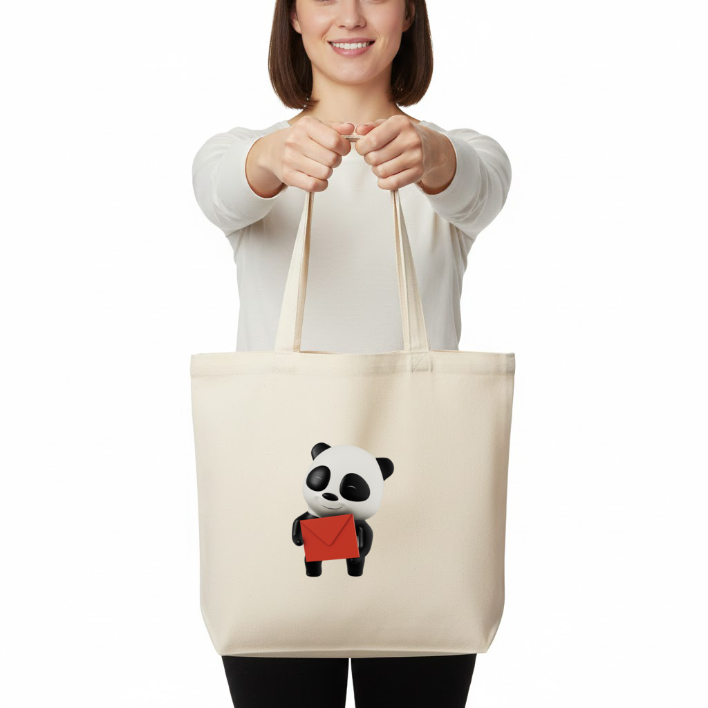 Kırmızı Zarflı Mutlu Panda Karakteri Yatay Canvas Çanta