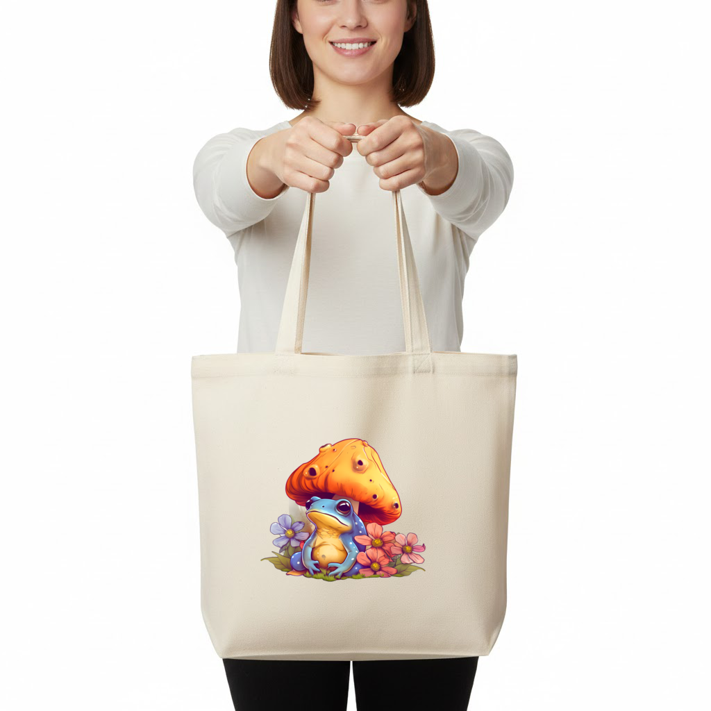 Blue Frog Resting Under Orange Mushroom Horizontal Canvas Tote Bag