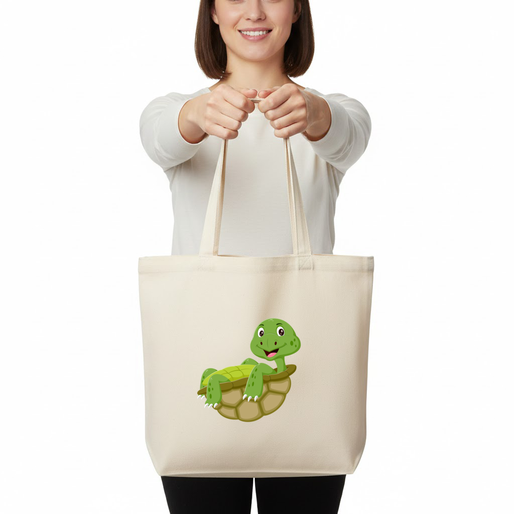 Happy Smiling Green Turtle in Shell Horizontal Canvas Tote Bag